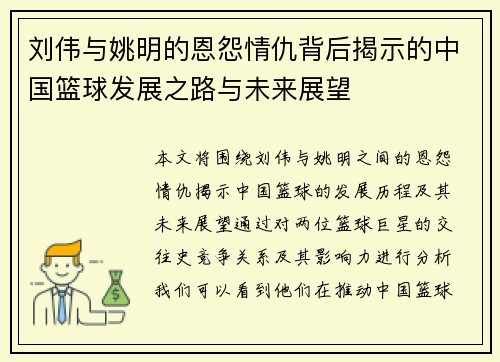 刘伟与姚明的恩怨情仇背后揭示的中国篮球发展之路与未来展望